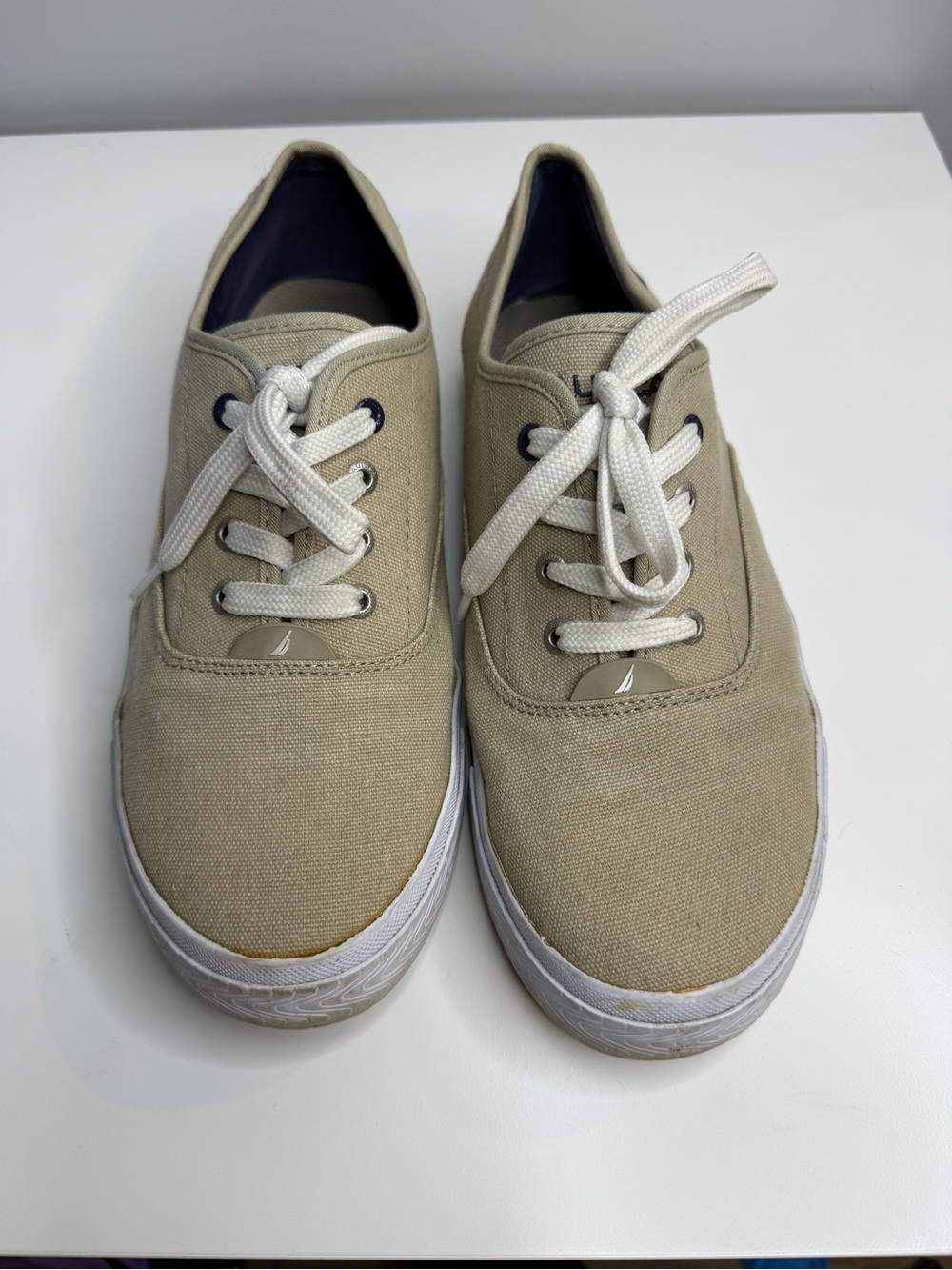 Nautica Men’s Beige Canvas Lace-Up Sneakers with White Soles